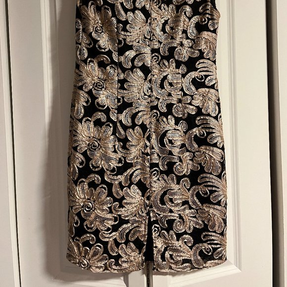 Betsy & Adam Black with Gold Ribbon and Sequin Embellished Sheath Dress - Picture 3 of 5